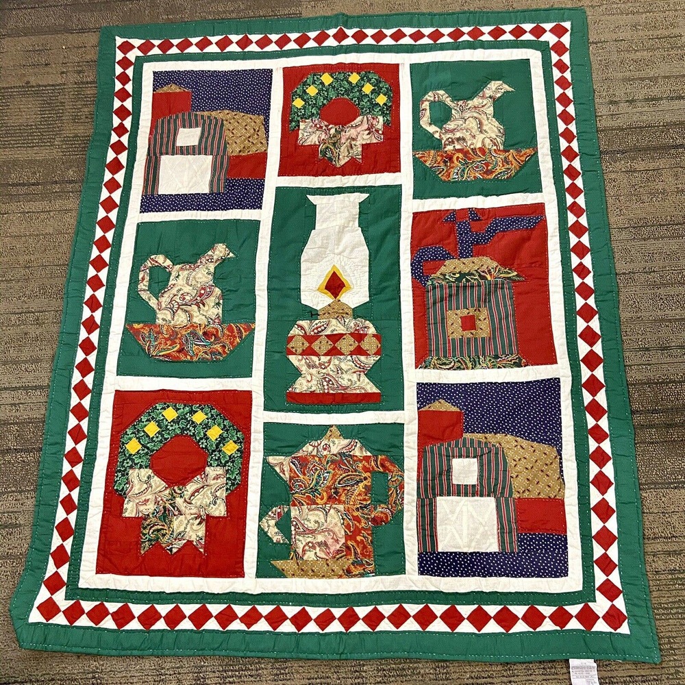 American Pacific Hand Quilted Green Christmas Holiday Themes Blanket 58” X 48”